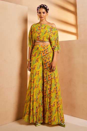 Buy_Aneesh Agarwaal_Yellow Crepe Sequins, Embroidery One Foliage Leaves Print Crop Top And Sharara Set _at_Aza_Fashions