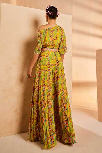 Shop_Aneesh Agarwaal_Yellow Crepe Sequins, Embroidery One Foliage Leaves Print Crop Top And Sharara Set _at_Aza_Fashions