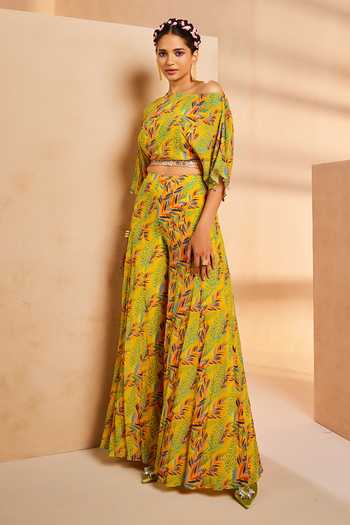 Aneesh Agarwaal_Yellow Crepe Sequins, Embroidery One Foliage Leaves Print Crop Top And Sharara Set _Online_at_Aza_Fashions