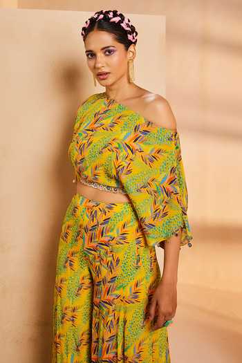 Buy_Aneesh Agarwaal_Yellow Crepe Sequins, Embroidery One Foliage Leaves Print Crop Top And Sharara Set _Online_at_Aza_Fashions