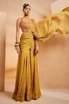 Aneesh Agarwaal_Yellow Chinon Printed Floral Plunged Draped Sharara Saree With Blouse _at_Aza_Fashions