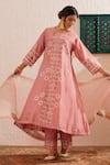 OMI_Pink Chanderi, Organza Embroidery, Lace Bloom Motif Print Anarkali Pant Set _at_Aza_Fashions
