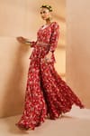Buy_Aneesh Agarwaal_Red Chiffon Embroidery, Tassels, Beads Floral Pattern Peplum Top And Palazzo Set _at_Aza_Fashions