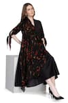 Shop_Whimsical By Shica_Black Organza, Satin V-neck Bloom Print Cowl Draped Midi Dress _Online_at_Aza_Fashions
