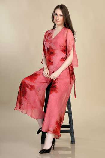 Whimsical By Shica_Pink Organza V-neck Waterlily Print Top And Pant Set _at_Aza_Fashions
