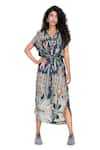 Buy_Whimsical By Shica_Blue Heavy Crepe Printed Bead Collared Knotted Shirt Dress With Slip _at_Aza_Fashions