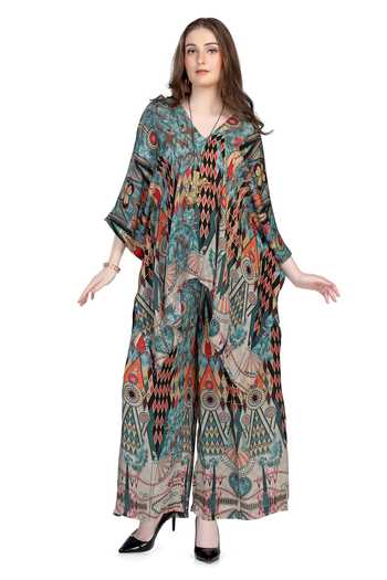 Buy_Whimsical By Shica_Blue Organza, Satin V-neck Printed Kaftan And Pant Set _at_Aza_Fashions