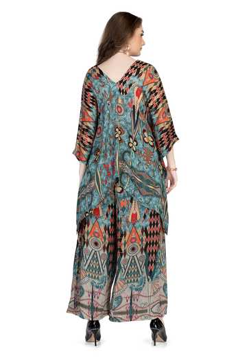 Shop_Whimsical By Shica_Blue Organza, Satin V-neck Printed Kaftan And Pant Set _at_Aza_Fashions