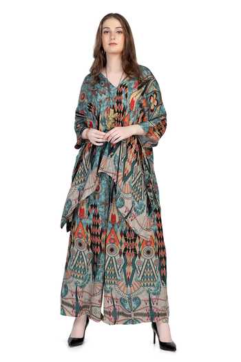 Buy_Whimsical By Shica_Blue Organza, Satin V-neck Printed Kaftan And Pant Set _Online_at_Aza_Fashions