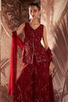 Sana Barreja_Red Net Emelia Crystal Embellished Jacket Kurta Sharara Set _Online_at_Aza_Fashions