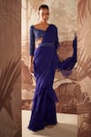 Buy_Sana Barreja_Blue Blouse Net Embroidered Clara Ruffle Pre Stitched Saree Set  _at_Aza_Fashions