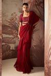 Buy_Sana Barreja_Red Blouse Net Agatha Ruffle Pre Stitched Saree Set With Embellished  _at_Aza_Fashions