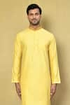 Buy_Arihant Rai Sinha_Yellow Cotton Plain Floral Embroidered Collar Kurta And Pyjama _Online_at_Aza_Fashions