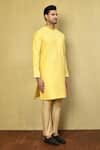 Arihant Rai Sinha_Yellow Cotton Plain Floral Embroidered Collar Kurta And Pyjama _at_Aza_Fashions