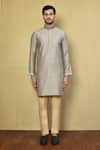 Shop_Arihant Rai Sinha_Grey Cotton Embroidered Neck Straight Kurta With Pyjama _Online_at_Aza_Fashions