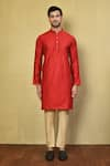 Shop_Arihant Rai Sinha_Red Cotton Plain Mandarin Collar Kurta Set _Online_at_Aza_Fashions