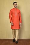 Buy_Arihant Rai Sinha_Orange Cotton Floral Brocade Work Placket Kurta Set _at_Aza_Fashions