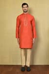 Shop_Arihant Rai Sinha_Orange Cotton Floral Brocade Work Placket Kurta Set _Online_at_Aza_Fashions