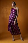 Buy_Meghna shah_Wine Silk Printed Floral One Shoulder Jaal Dress _at_Aza_Fashions