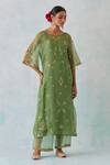 Buy_Ikshita Choudhary_Green Chanderi, Tissue Sequins, Beads, Zari, Thread Kurta And Flared Pant Set _at_Aza_Fashions