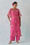 Buy_Ikshita Choudhary_Pink Chanderi, Tissue Sequins, Beads, Flower Embroidered Kurta And Flared Pant Set _at_Aza_Fashions