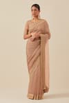 Buy_Ikshita Choudhary_Beige Organza Embroidery Sequin Boat Neck Border Saree With Blouse _at_Aza_Fashions