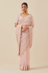 Buy_Ikshita Choudhary_Pink Organza, Crepe, Satin Checkered Border Embroidered Saree With Blouse _at_Aza_Fashions