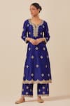 Ikshita Choudhary Blue Chanderi Silk, Tissue Embroidery, Sequins, Beads Split V-neck Kurta Set Online at Aza Fashions Ikshita Choudhary_Blue Chanderi Silk, Tissue Embroidery, Sequins, Beads Split V-neck Kurta Set _Online_at_Aza_Fashions