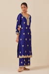 Buy Ikshita Choudhary Blue Chanderi Silk, Tissue Embroidery, Sequins, Beads Split V-neck Kurta Set Online at Aza Fashions Buy_Ikshita Choudhary_Blue Chanderi Silk, Tissue Embroidery, Sequins, Beads Split V-neck Kurta Set _Online_at_Aza_Fashions
