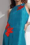 Kavya Singh Kundu_Blue Handwoven Mulberry Silk Applique Motifs Round Neck Astra Dress _Online_at_Aza_Fashions