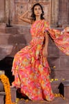 Elena Singh_Multi Color Georgette Printed Abstract One Shoulder Dilara Draped Saree Gown _Online_at_Aza_Fashions