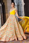 Elena Singh_Yellow Crepe Printed Abstract Leaf Darshana Anarkali With Dupatta _Online_at_Aza_Fashions