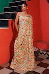 Buy_Elena Singh_Multi Color Crepe Printed Abstract Asymmetric Pravada One Shoulder Draped Gown _at_Aza_Fashions