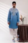 Shop_Tira by Naresh Raj_Blue Raw Silk Embroidered Paisley Bloom Bundi Kurta Set  _at_Aza_Fashions