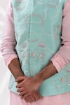 Shop_Tira by Naresh Raj_Blue Mal Cotton Embroidered Bloom Bundi Kurta Set 