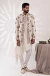 Shop_Tira by Naresh Raj_Ivory Chanderi Silk Embroidered Dahlia Bloom Jacket Kurta Set _at_Aza_Fashions