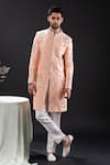 Buy_Tira by Naresh Raj_Peach Linen Embroidered Geometric Bloom Sherwani Set  _at_Aza_Fashions