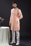 Tira by Naresh Raj_Peach Linen Embroidered Geometric Bloom Sherwani Set  _Online_at_Aza_Fashions