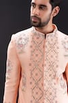 Buy_Tira by Naresh Raj_Peach Linen Embroidered Geometric Bloom Sherwani Set  