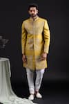 Buy_Tira by Naresh Raj_Gold Linen Satin Embroidered Flora Garden Sherwani Set  _at_Aza_Fashions