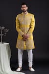 Shop_Tira by Naresh Raj_Gold Linen Satin Embroidered Flora Garden Sherwani Set  _at_Aza_Fashions