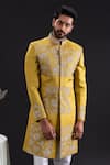 Tira by Naresh Raj_Gold Linen Satin Embroidered Flora Garden Sherwani Set  _at_Aza_Fashions