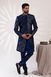 Buy_Tira by Naresh Raj_Blue Raw Silk Embroidered Lotus Pond Sherwani Set _at_Aza_Fashions