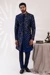 Shop_Tira by Naresh Raj_Blue Raw Silk Embroidered Lotus Pond Sherwani Set _at_Aza_Fashions