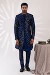 Tira by Naresh Raj_Blue Raw Silk Embroidered Lotus Pond Sherwani Set _Online_at_Aza_Fashions