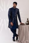 Buy_Tira by Naresh Raj_Blue Raw Silk Embroidered Lotus Pond Sherwani Set _Online_at_Aza_Fashions