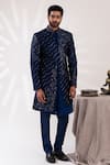 Shop_Tira by Naresh Raj_Blue Raw Silk Embroidered Lotus Pond Sherwani Set _Online_at_Aza_Fashions