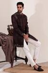 Shop_Tira by Naresh Raj_Brown Moss Crepe Embroidered Thread Sherwani And Pant Set _at_Aza_Fashions