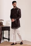 Buy_Tira by Naresh Raj_Brown Moss Crepe Embroidered Thread Sherwani And Pant Set _Online_at_Aza_Fashions