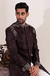 Tira by Naresh Raj_Brown Moss Crepe Embroidered Thread Sherwani And Pant Set _at_Aza_Fashions